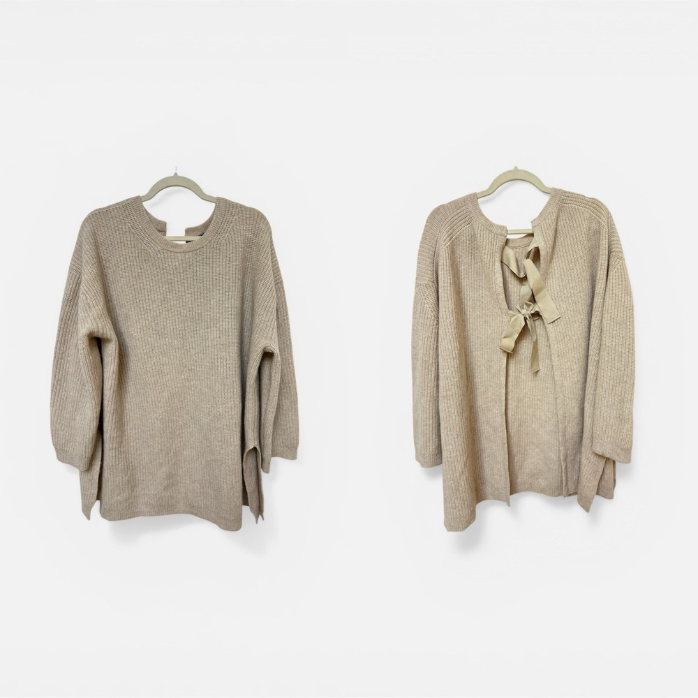 J.Crew 100% Italian Cashmere Sweater Heather Camel Tie Back Knit Pullover L